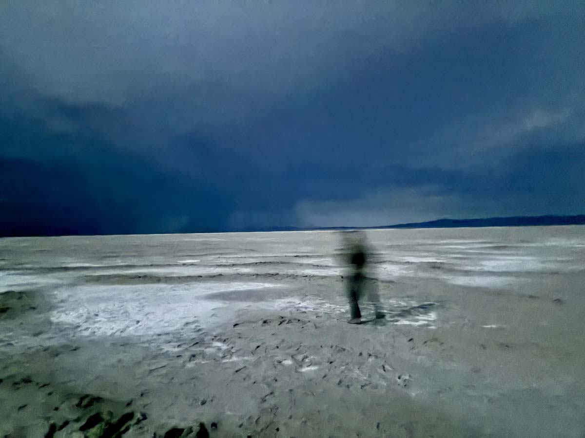 A person moving through the landscape of the Great Salt Lake at night