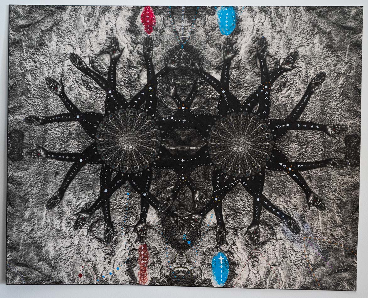 Adama Delphine Fawundu, <i>Sun of Vitality #3: Ode to the Great Salt Lake</i>, detail, 2025, hand-printed silver gelatin print with mabele chalk, charcoal, acrylic paint, copper, and archival pigment on silk textile