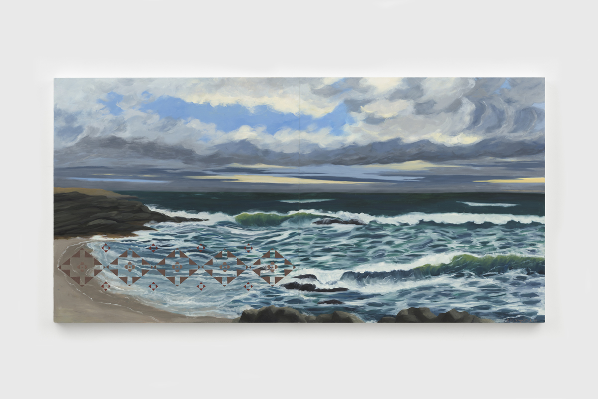 Painting of a shoreline with an abstract Indigenous motif running across it by Kay WalkingStick.