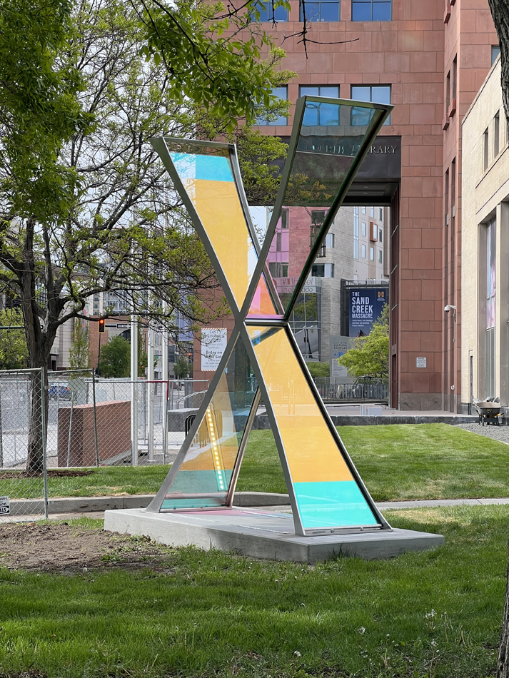 Monumental artwork by Paula Castillo outside the Denver Central Library in Colorado.