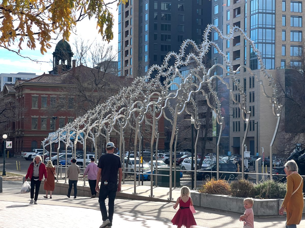 Monumental sculpture by Paula Castillo outside Denver Art Museum in Colorado.