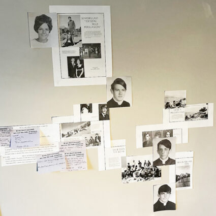 Photos and notes tacked to the wall in the search for Dan Buckingham