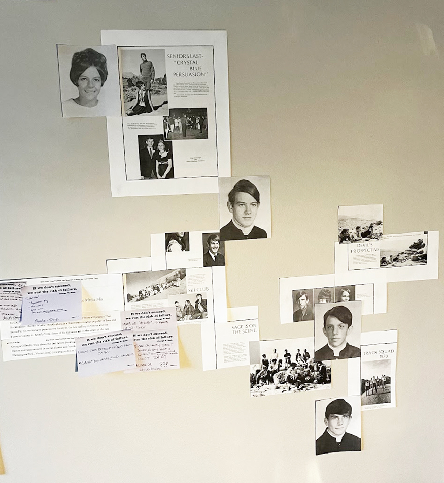 Photos and notes tacked to the wall in the search for Dan Buckingham