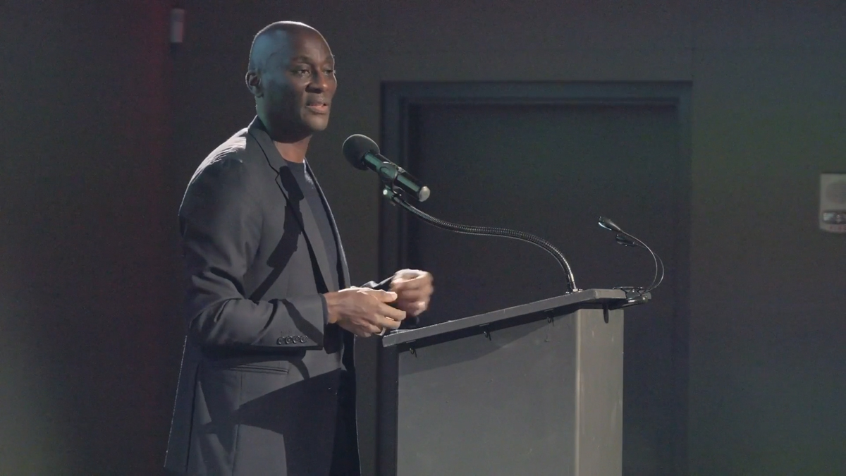 Eko Eshun speaking at SITE Santa Fe. He is the curator of the 2027 SITE Santa Fe International.