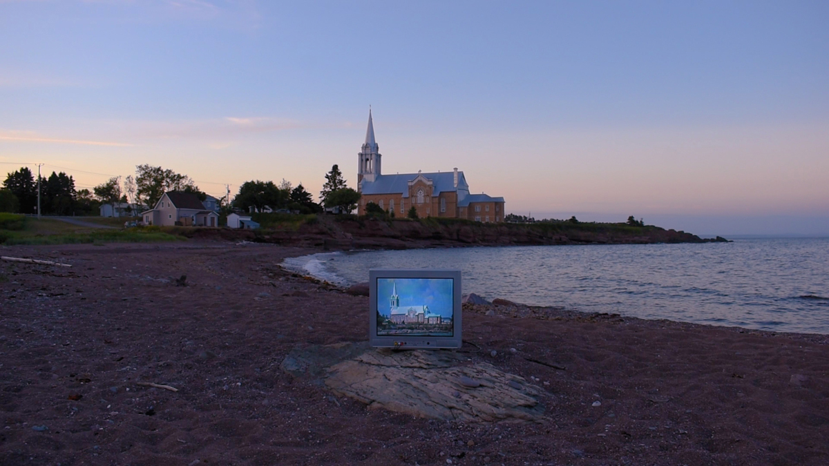 Site-specific installation in which a television echoes its surrounding landscape.