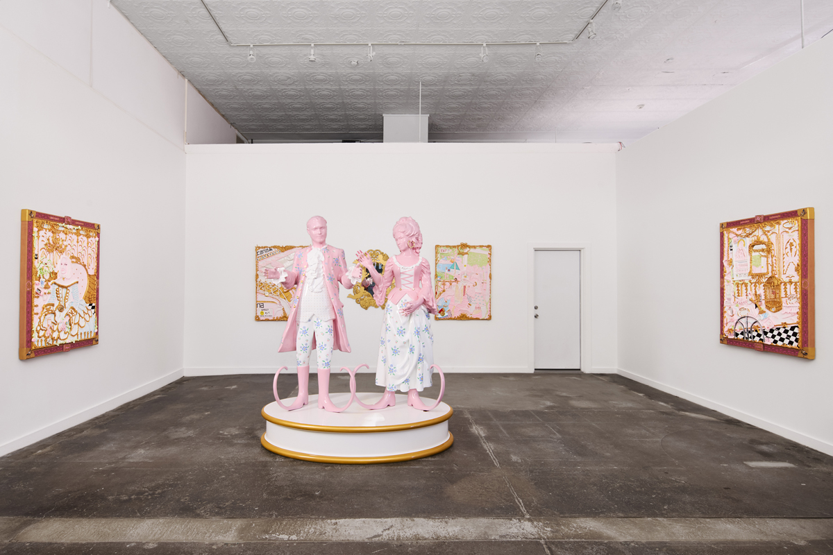 Installation view of Los Encuentros exhibition at Ballroom Marfa, featuring works by Yvette Mayorga.