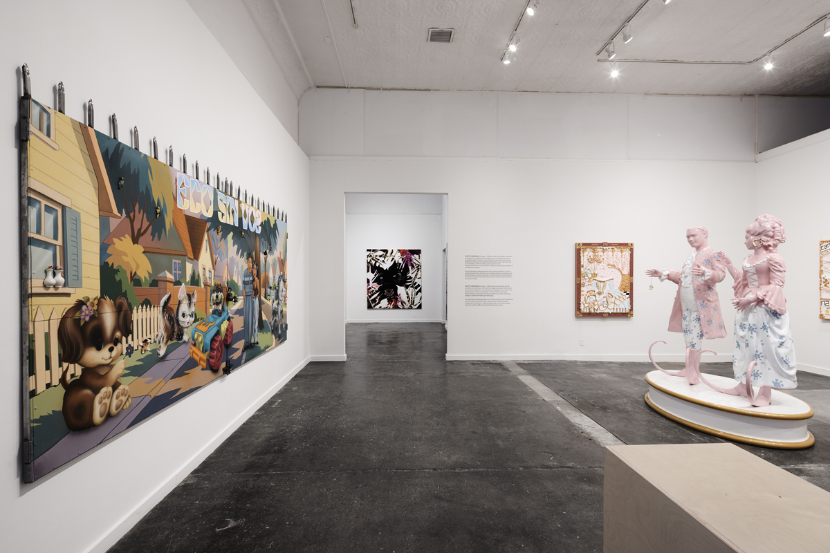 Installation view of Los Encuentros exhibition at Ballroom Marfa, featuring works by Ozzie Juarez and Yvette Mayorga.