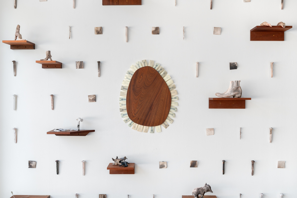 Installation view of many sculptures by Hannah Spector.