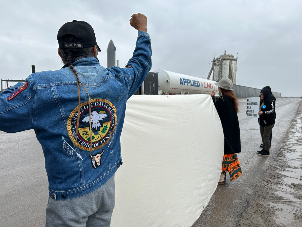 Protestors at SpaceX near Brownsville, Texas.