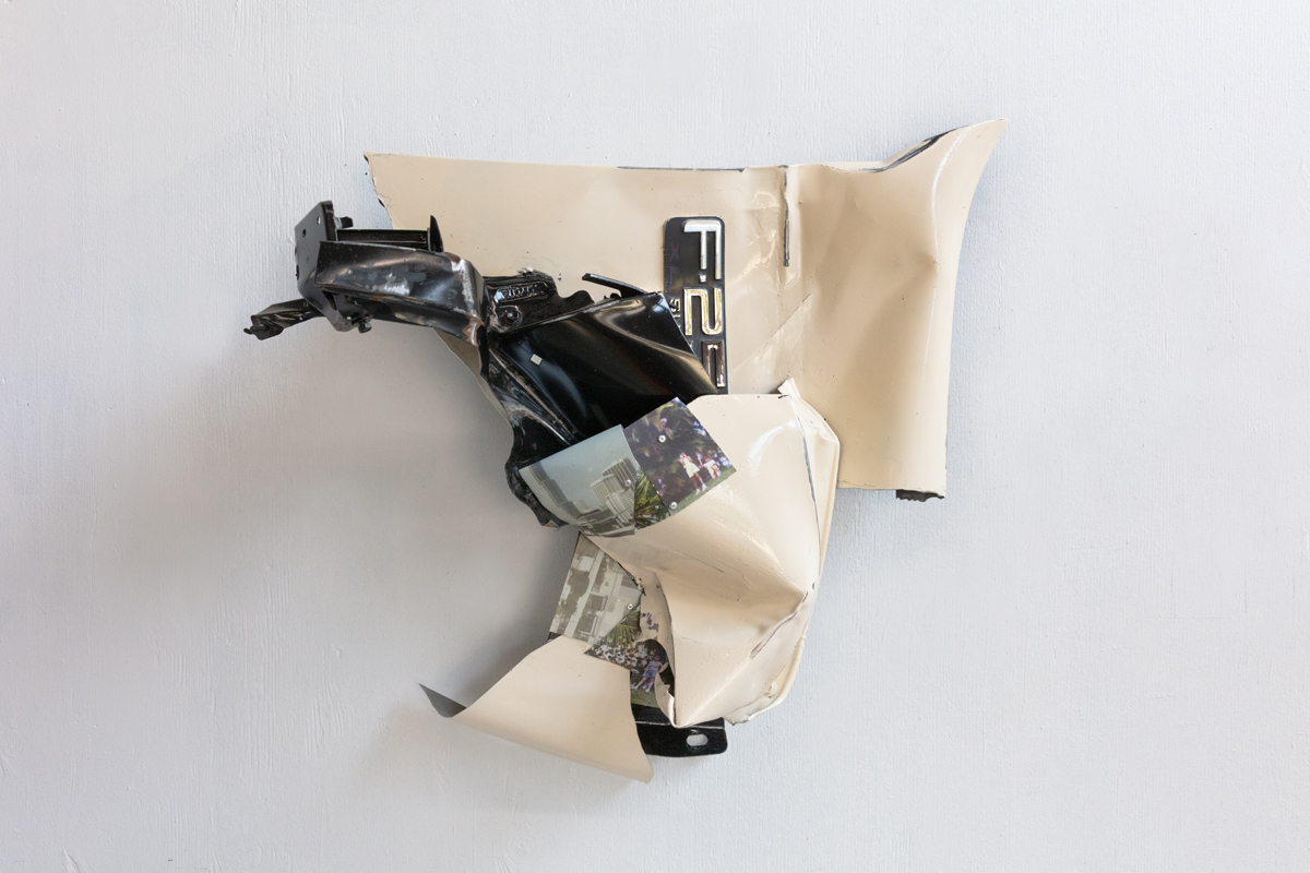 Sculpture incorporating auto parts by Verónica Gaona.