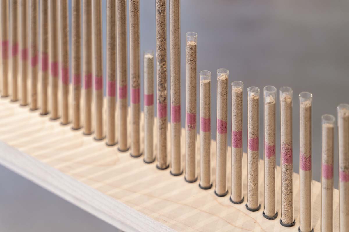 Detail of an artwork representing water levels with rhodamine dye