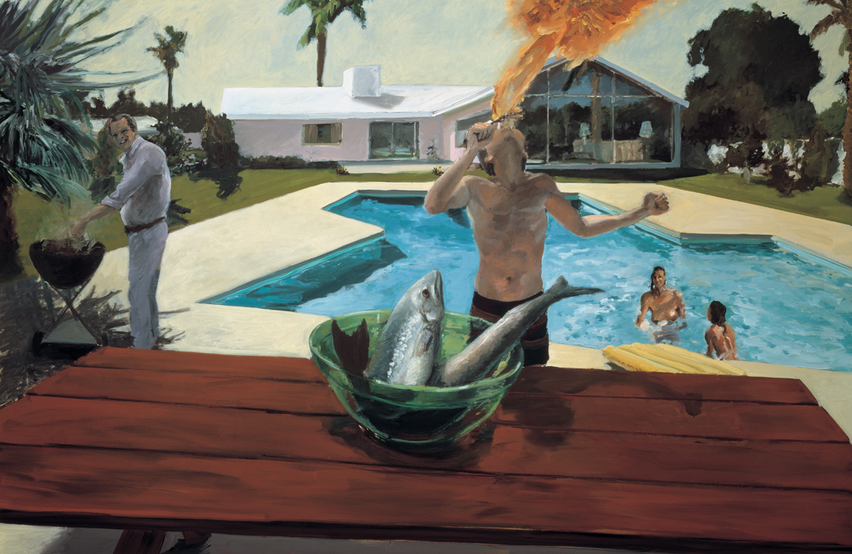 Painting by Eric Fischl of a boy blowing fire by a swimming pool.