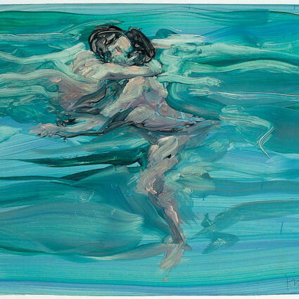 Painting by Eric Fischl of two figures embracing in a swimming pool.