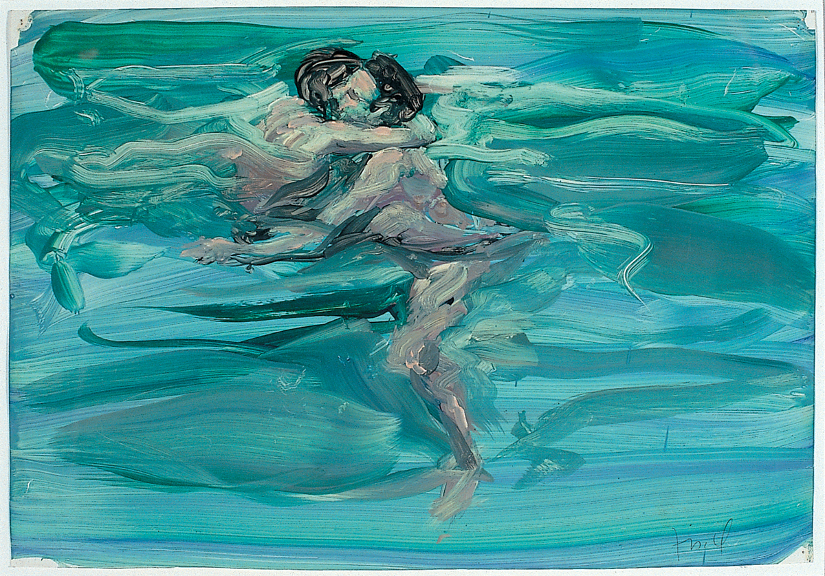 Painting by Eric Fischl of two figures embracing in a swimming pool.