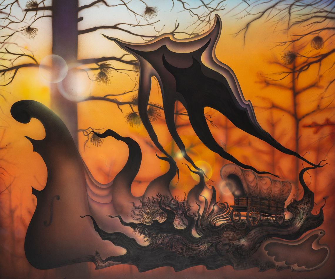 Shapes swirl around a covered wagon traveling through a glowing forest landscape in Dani Tull’s painting Drifter, featured in Altered States in the Acid West.