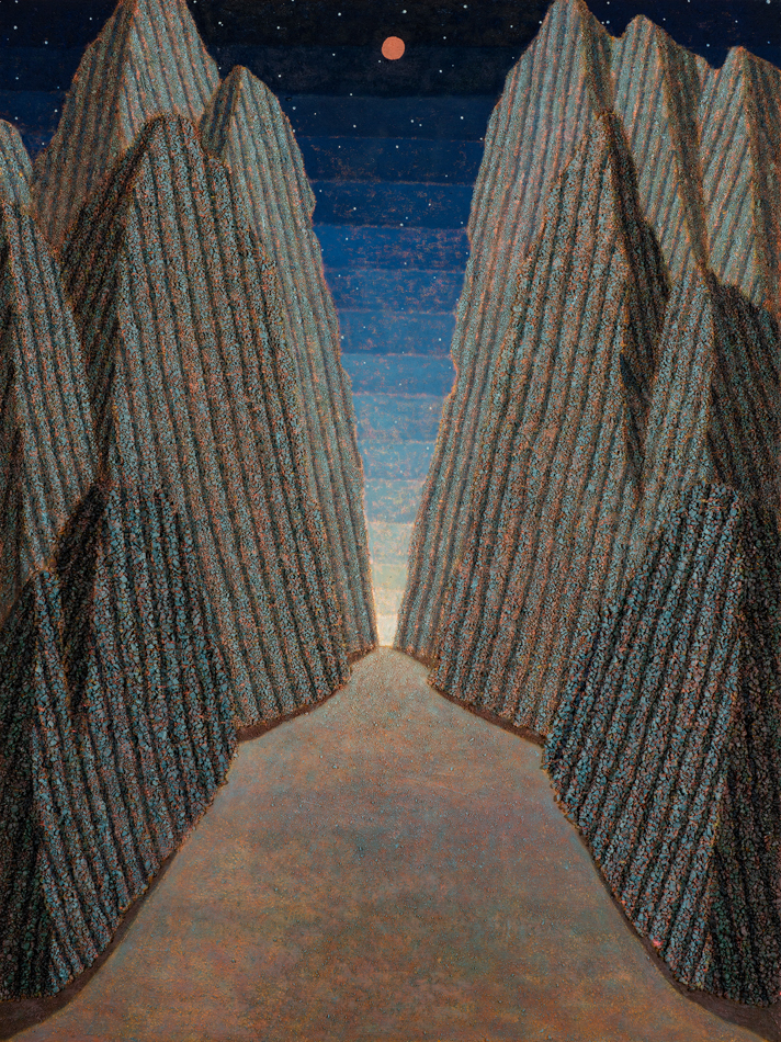 Canyon formations create narrow desert path beneath a starry sky, Jonathan Ryan’s painting Stone Forest, featured in Altered States in the Acid West.
