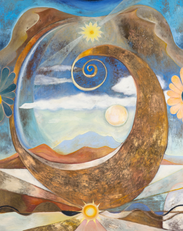 A golden spiral shape frames a desert landscape with mountains, clouds, and sun and moon imagery in Margaret R. Thompson’s painting Venidero, featured in Altered States in the Acid West.