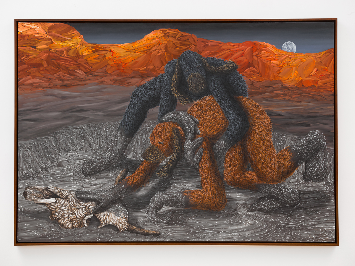 Two creatures interact in a surreal desert landscape, featured in Altered States in the Acid West at UMOCA.