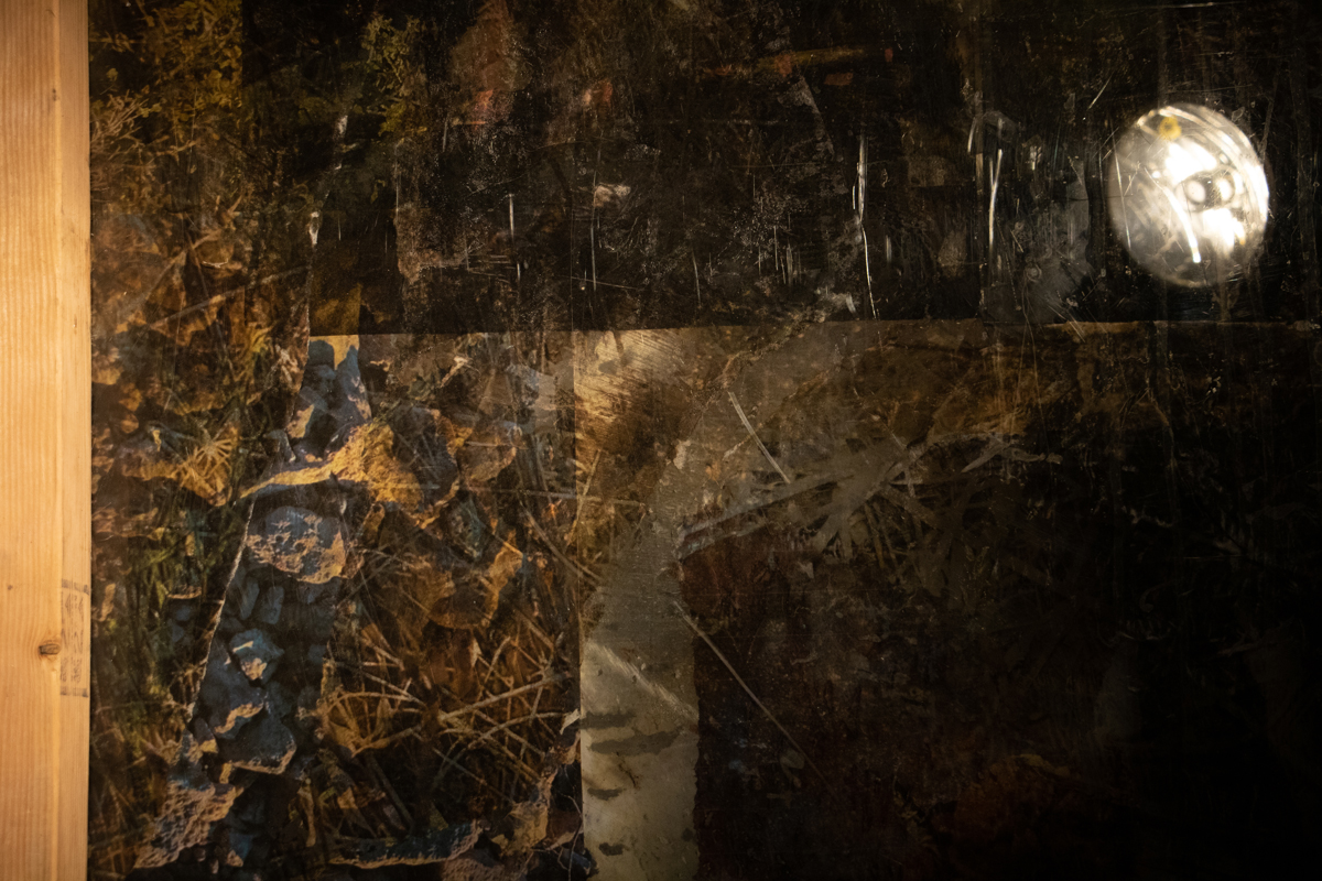 Inkjet prints, salvaged plexiglass, headlight shells, fir, steel, electricity