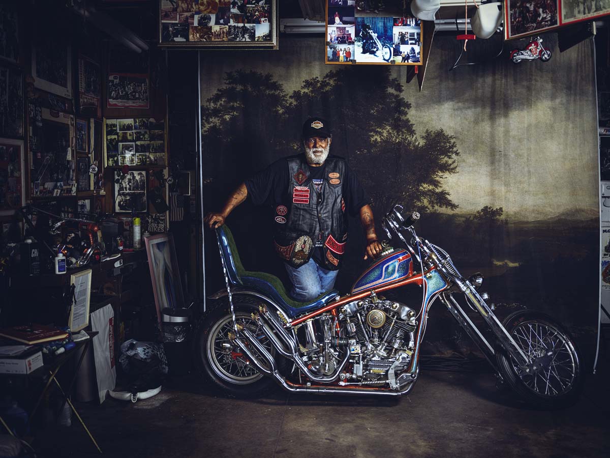 Portrait of Boss Mike, Chosen Few Nomad President, with his motorcycle