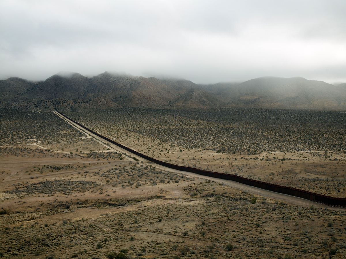 Richard Misrach, aerial view of the U.S.-Mexico border wall cutting through the Jacumba, California desert, 2009 — landscape photograph from the Border Cantos series documenting militarized borderlands