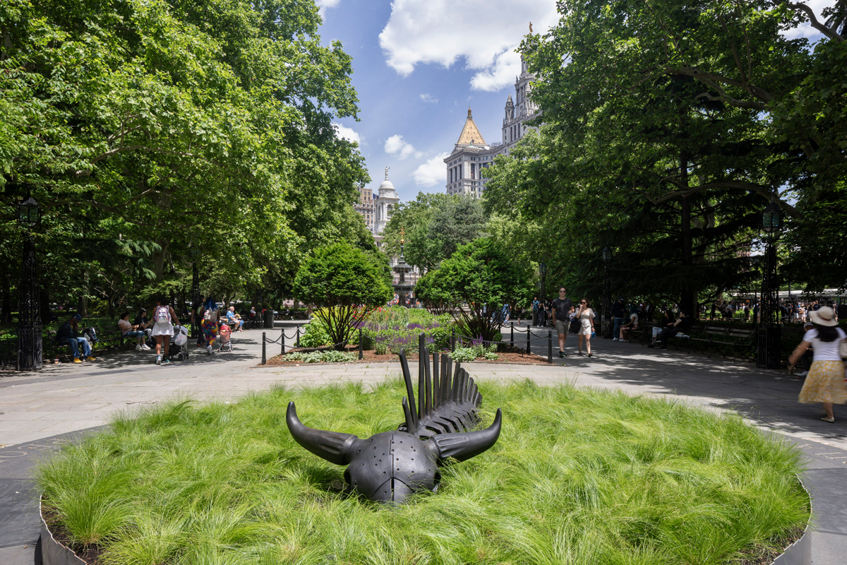 Sculpture of a buffalo skeleton by Cannupa Hanska Luger in City Hall Park in Manhattan.