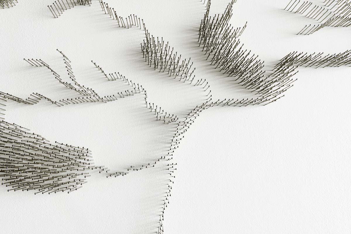 Detail view of the pins in Maya Lin, Pin River – Tahoe Watershed