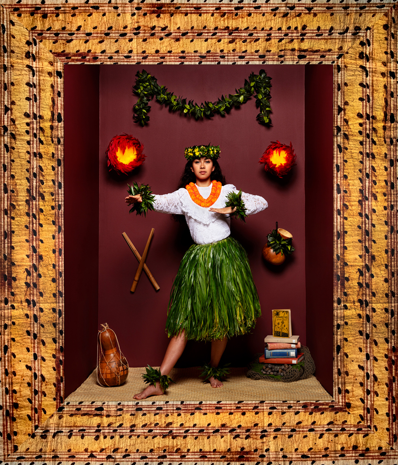 Portrait of a Native woman in a box.