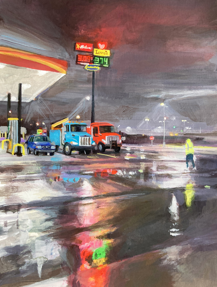 Nocturne of a gas station after a rainstorm by Madeline Rupard.