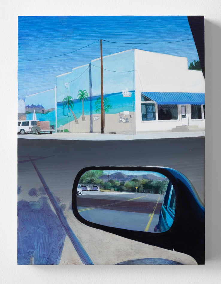 Painting by Madeline Rupard of a road seen through a car's side mirror.