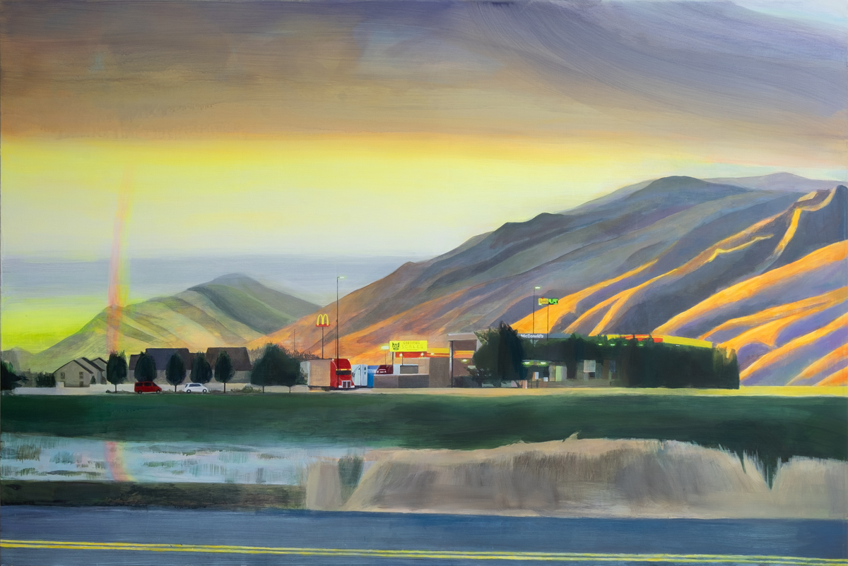 Painting by Madeline Rupard of a road crowned by glowing clouds and a rainbow.