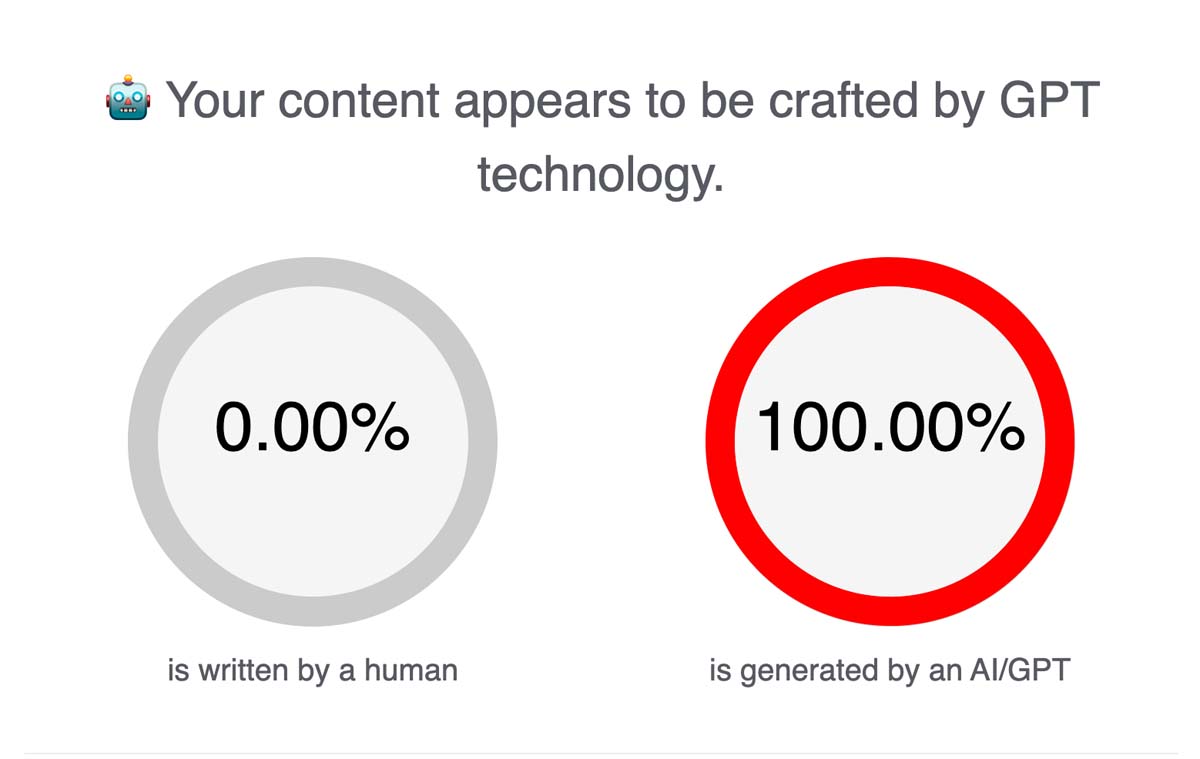 Screenshot from Zerogpt showing that the content scanned appears to be 100% crafted by AI technology.