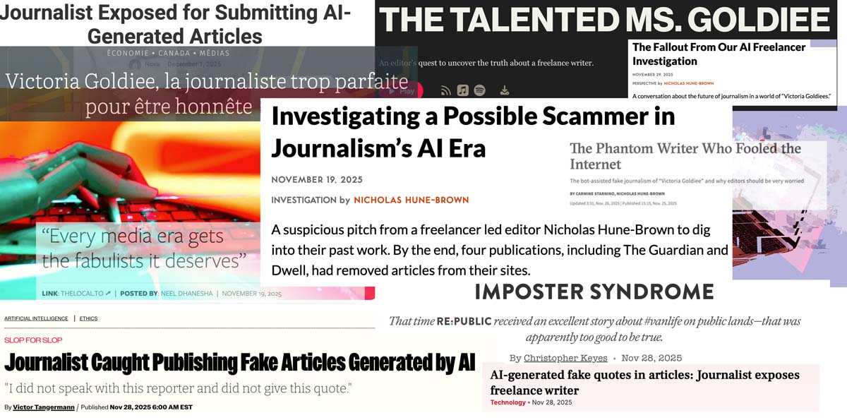 Collage of different headlines about AI scammer Victoria Goldiee