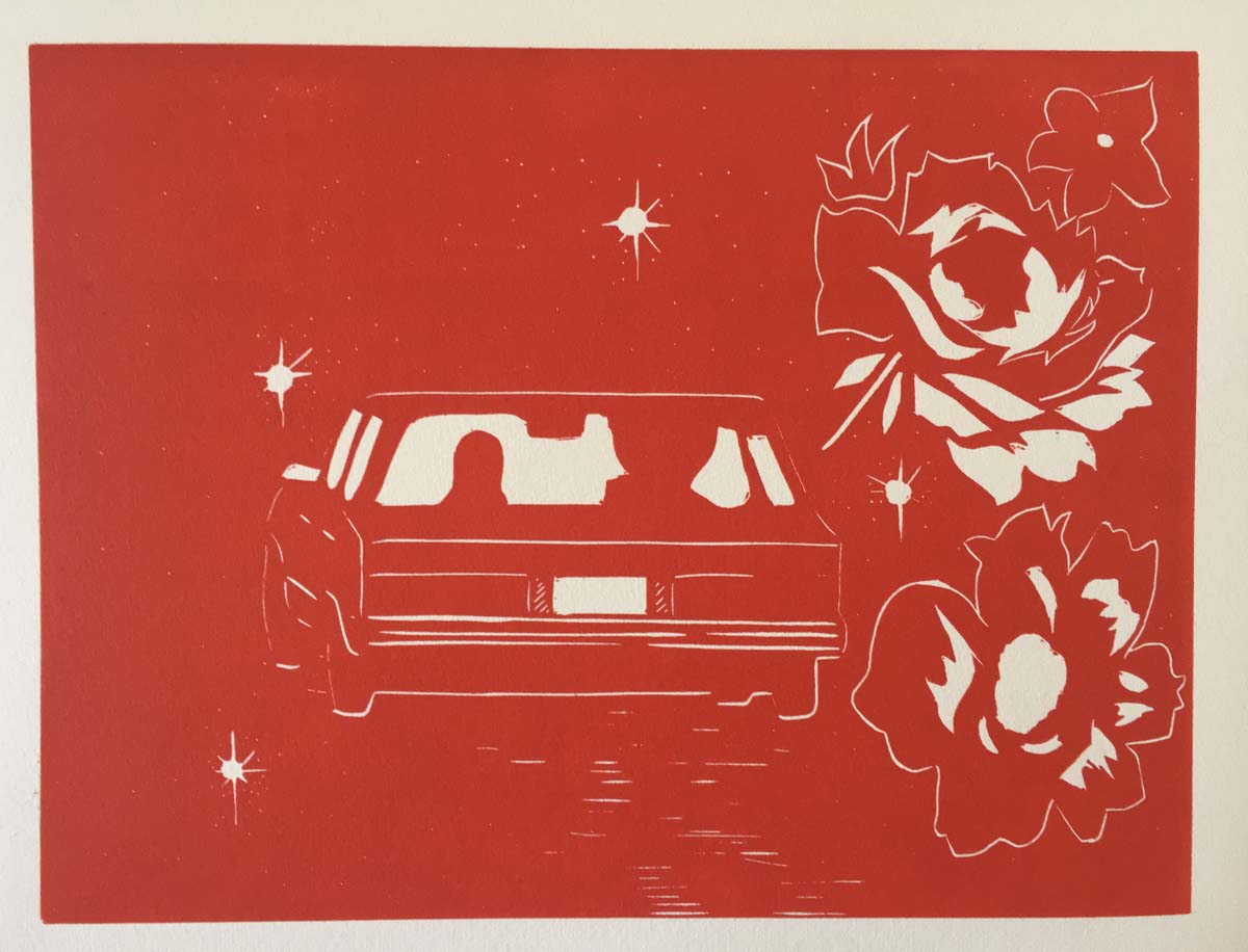 Unspoken Currents, a red linocut of a car by Carmen Selam.