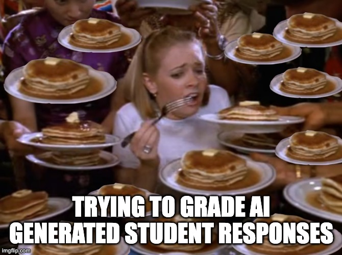 A meme with a girl gagging and surrounded with identical plates of pancakes, with the words "Trying to grade AI Generated Student Responses"