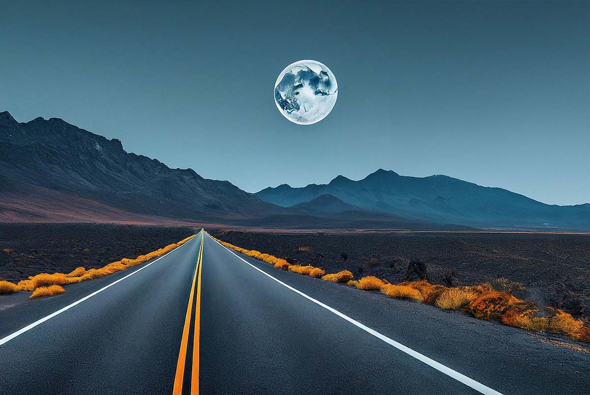 AI generated image of a road, mountains and the moon.