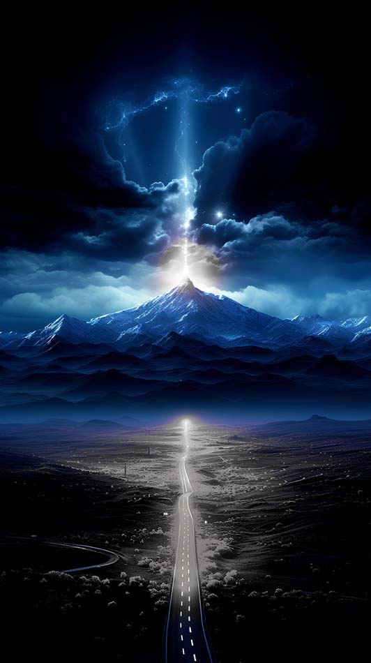 AI illustration with a ghost road leading into a mountain