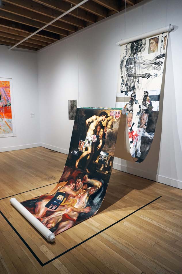 Hannah Purvis, <i>Scrolling</i>, 2025, mimics a social media doom scroll in oil paint and acrylic on photo canvas