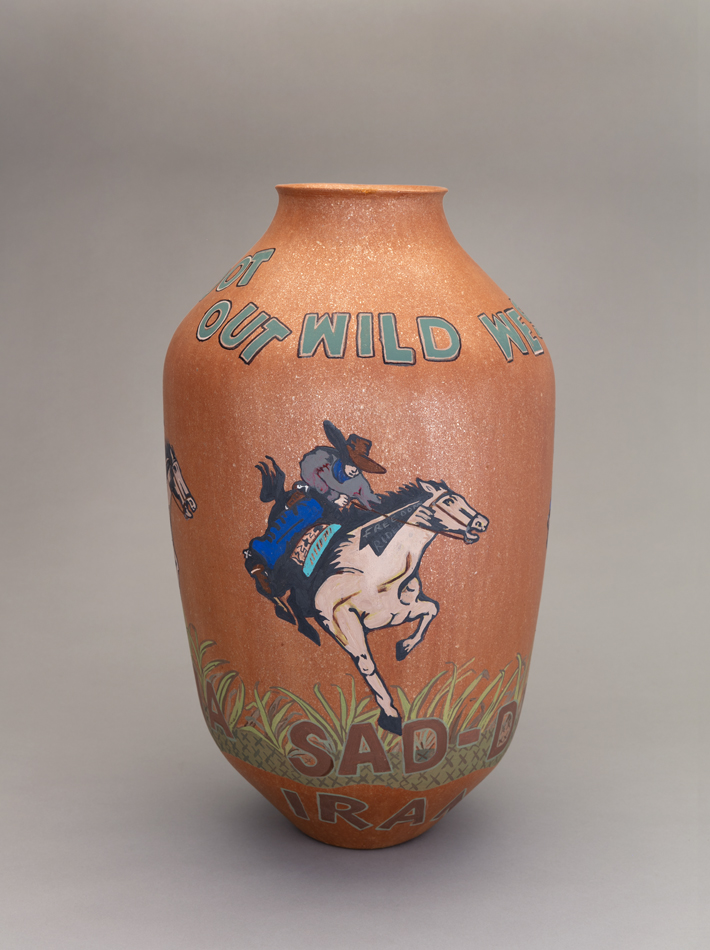 Vessel by Jody Folwell featuring a cowboy on a bucking bronco.