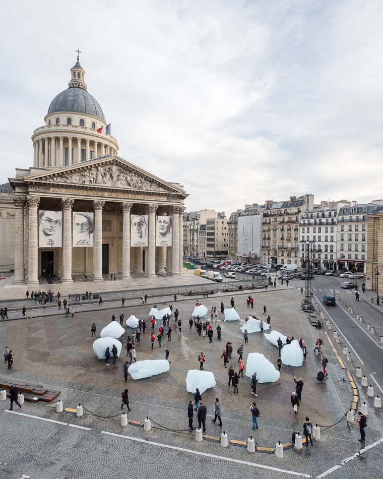 Glacier ice installation 'Ice Watch' at Place du Panthéon, Paris Artwork by Olafur Eliasson and Minik Rosing.