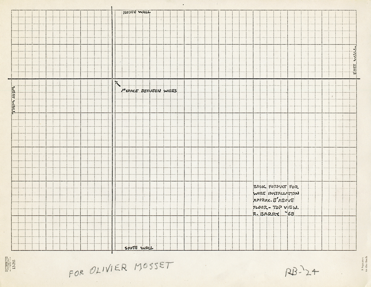 Robert Barry's pen and pencil on graph paper diagram, Basic Format For Wire Installation Approx. 8’ Above Floor - Top View