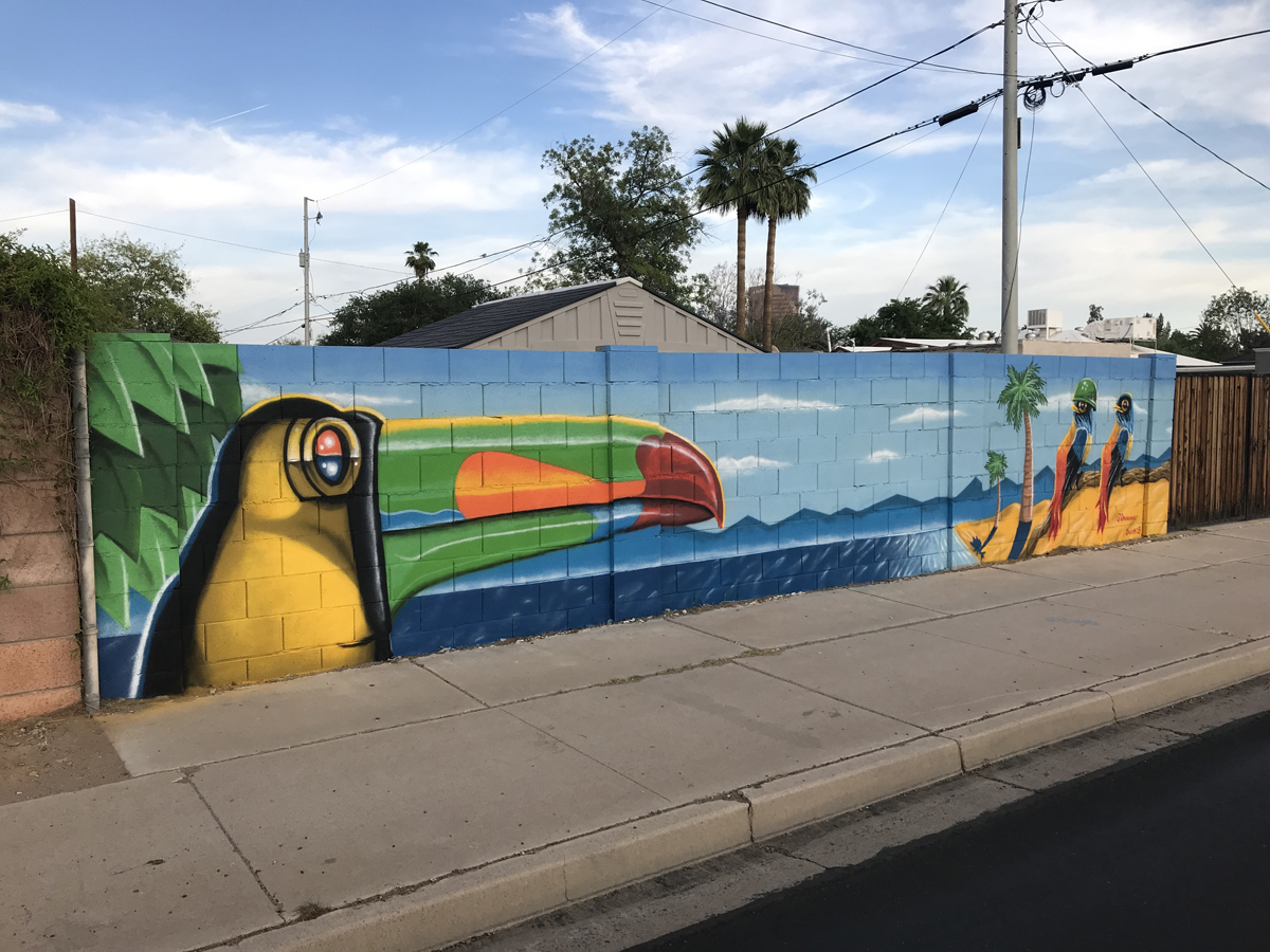 Phoenix mural showing a toucan, a beach, and other birds by David Morgan.