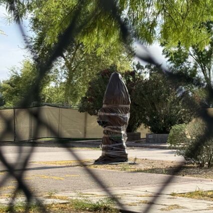 Zarco Guerrera's sculpture of César Chávez fenced in at a Phoenix park, March 2026.