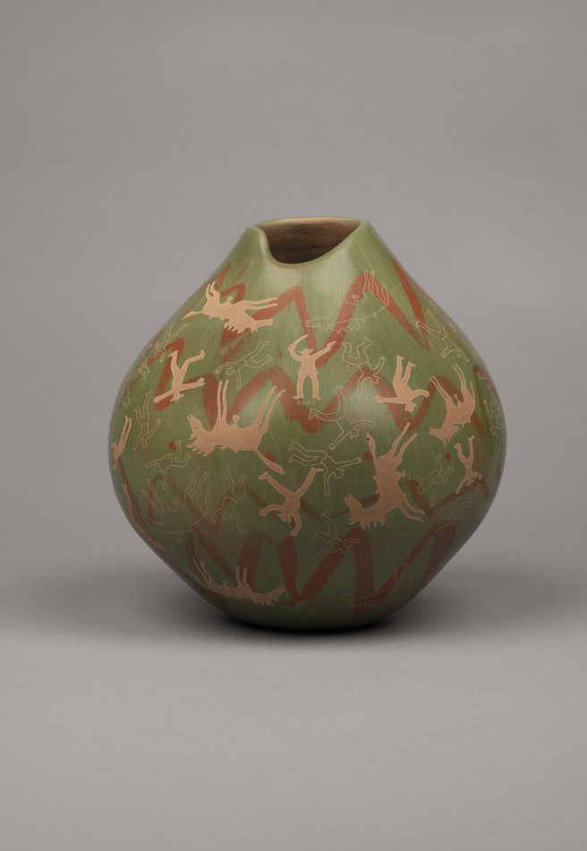 The Hero Pot, a ceramic vessel by Jody Folwell and Bob Haozous.