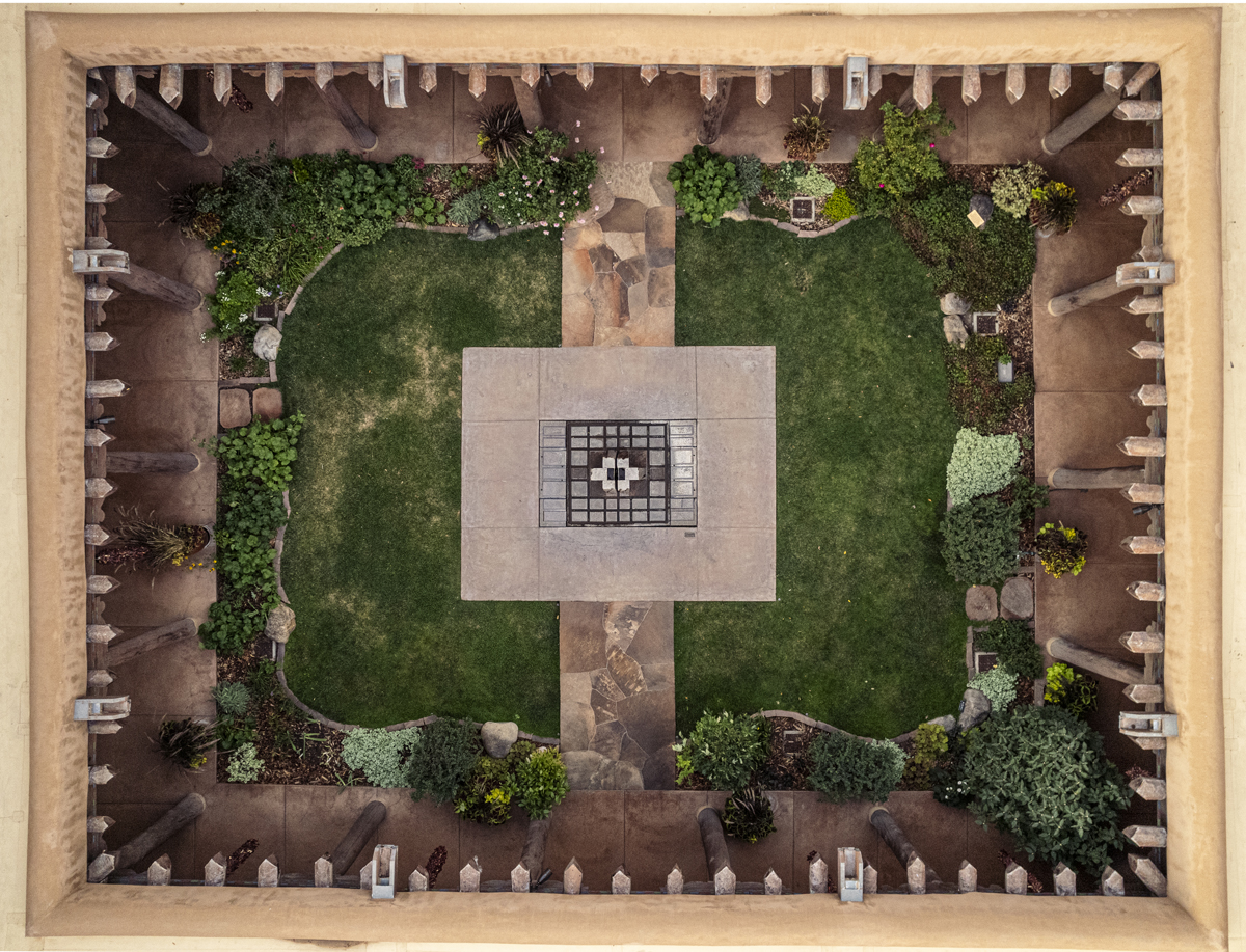 Aerial view of the iconic courtyard at New Mexico Museum of Art, Santa Fe.