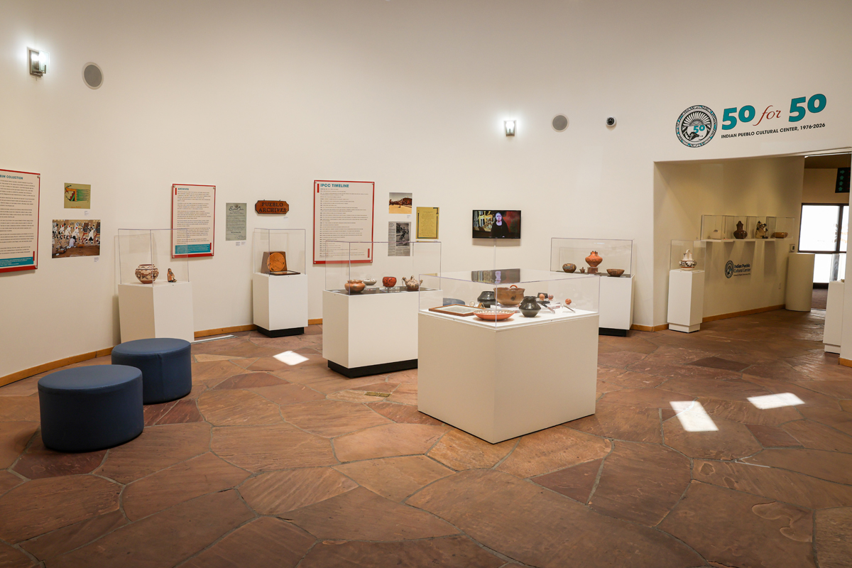 Installation view of the Indian Pueblo Cultural Center fiftieth anniversary show in Albuquerque.