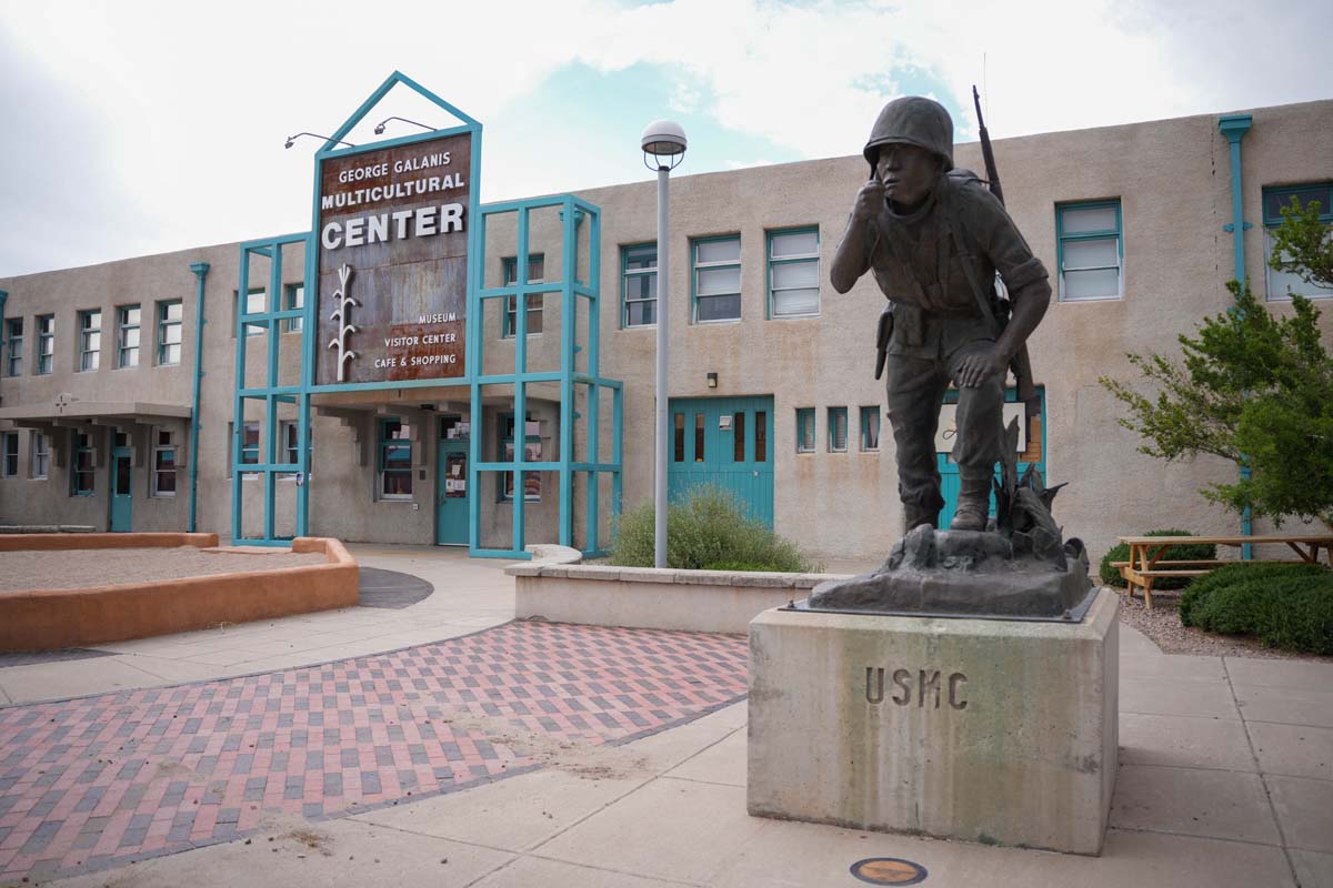 Oreland Joe’s (Diné and Ute) 12-foot bronze statue of a Navajo Code Talker outside the Gallup Cultural Center.