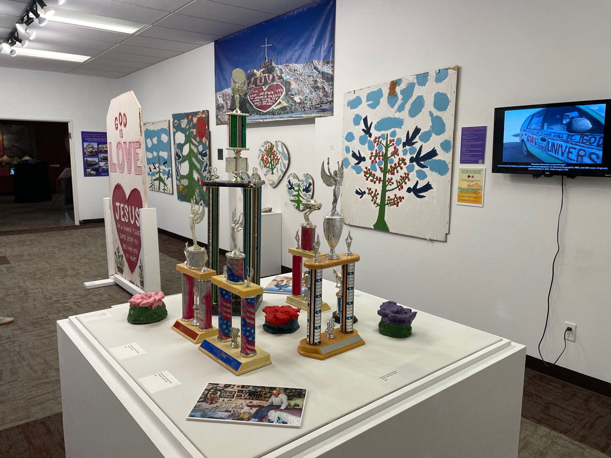 Installation view of artwork by Leonard Knight, creator of Salvation Mountain in California.