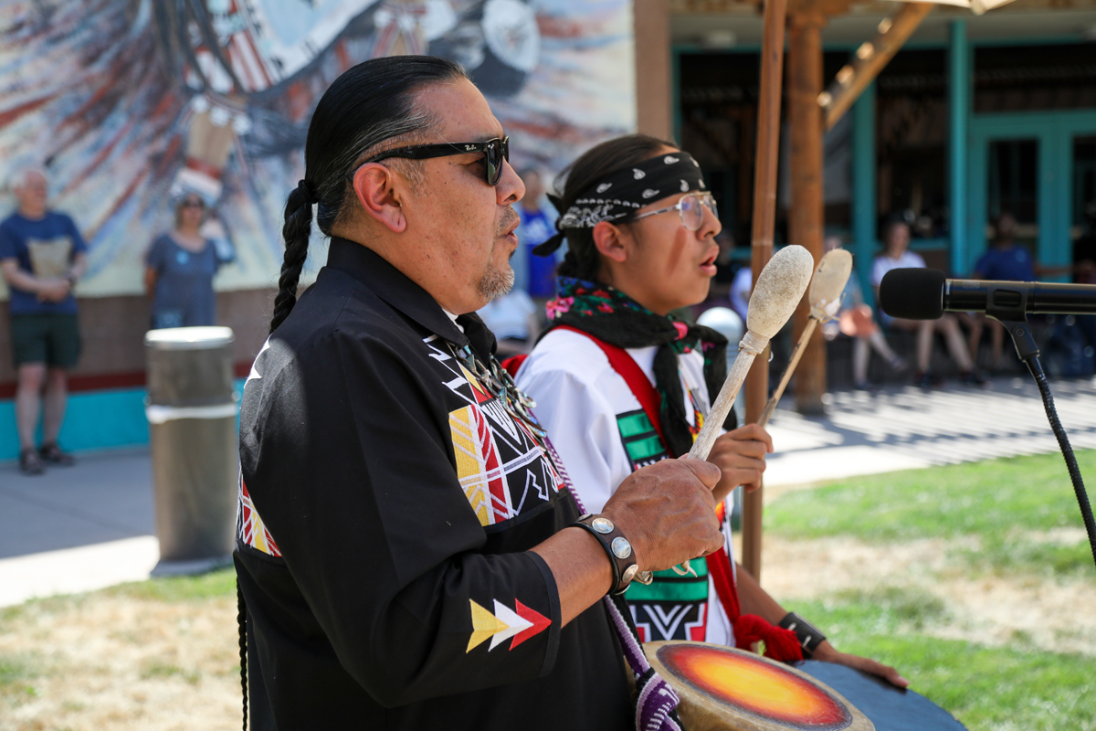 Drummers from an Acoma Pueblo performance group at Indian Pueblo Cultural Center.