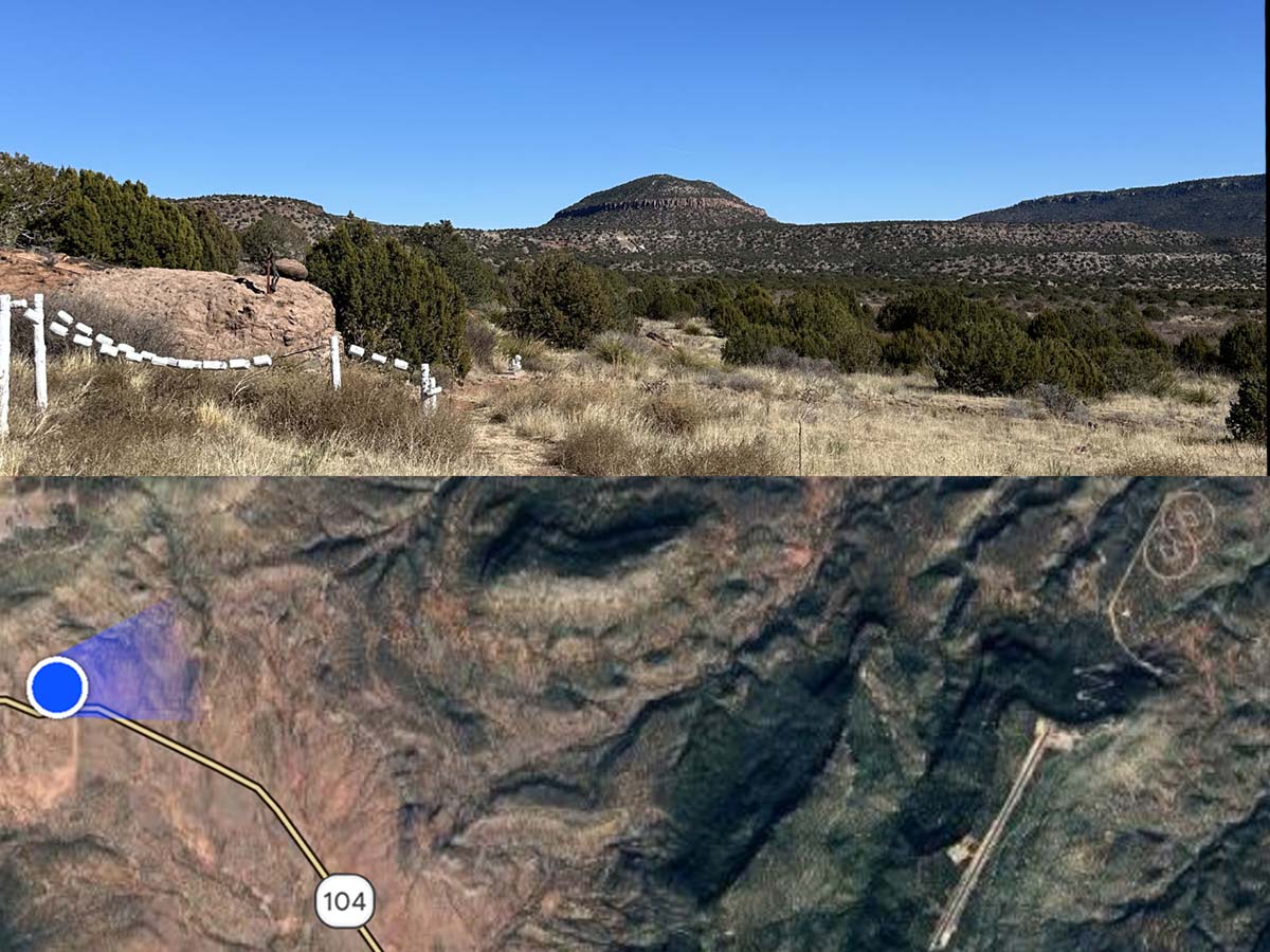 Photo collage of satellite view and landscape photo off of the Conchas Highway